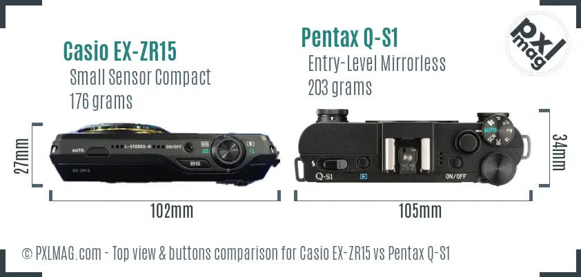 Casio EX-ZR15 vs Pentax Q-S1 top view buttons comparison