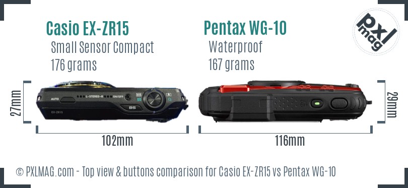 Casio EX-ZR15 vs Pentax WG-10 top view buttons comparison