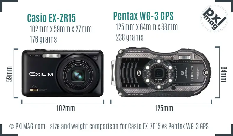 Casio EX-ZR15 vs Pentax WG-3 GPS size comparison Casio EX-ZR15 vs Pentax WG-3 GPS size comparison