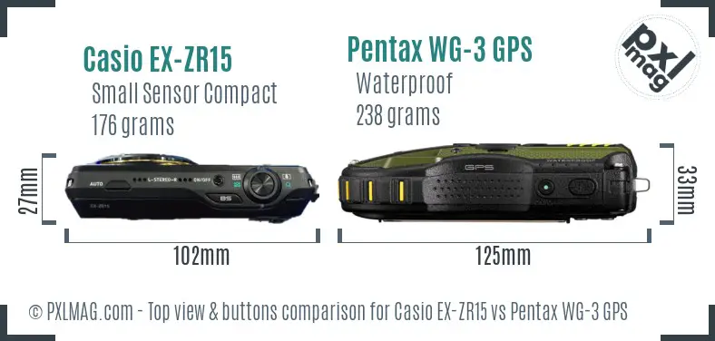 Casio EX-ZR15 vs Pentax WG-3 GPS top view buttons comparison Casio EX-ZR15 vs Pentax WG-3 GPS top view buttons comparison