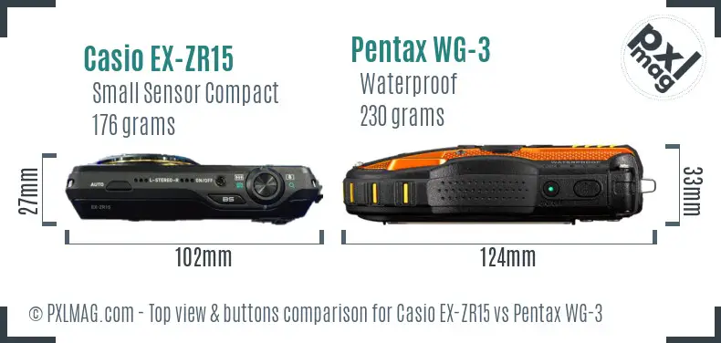 Casio EX-ZR15 vs Pentax WG-3 top view buttons comparison