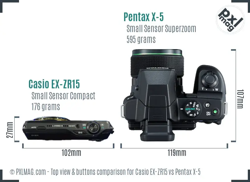 Casio EX-ZR15 vs Pentax X-5 top view buttons comparison Casio EX-ZR15 vs Pentax X-5 top view buttons comparison