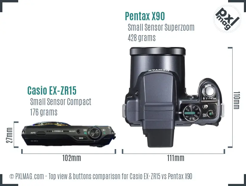 Casio EX-ZR15 vs Pentax X90 top view buttons comparison