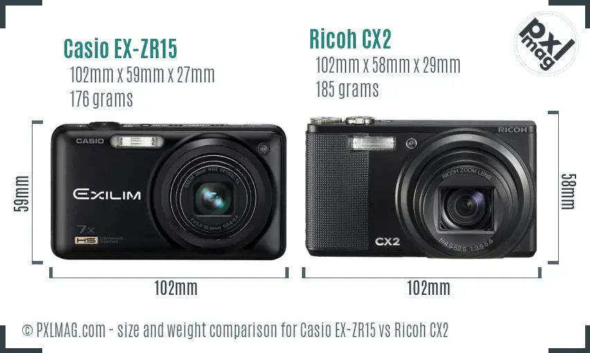 Casio EX-ZR15 vs Ricoh CX2 size comparison