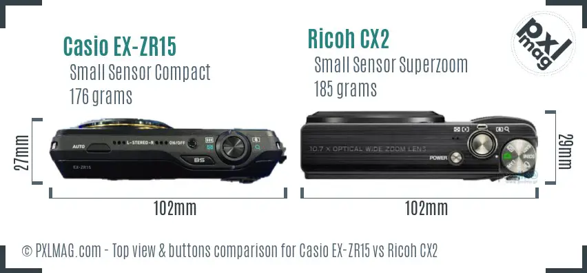 Casio EX-ZR15 vs Ricoh CX2 top view buttons comparison