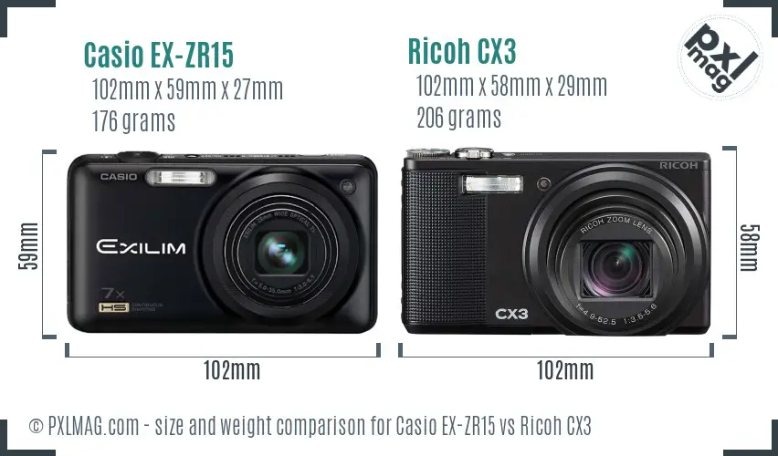 Casio EX-ZR15 vs Ricoh CX3 size comparison