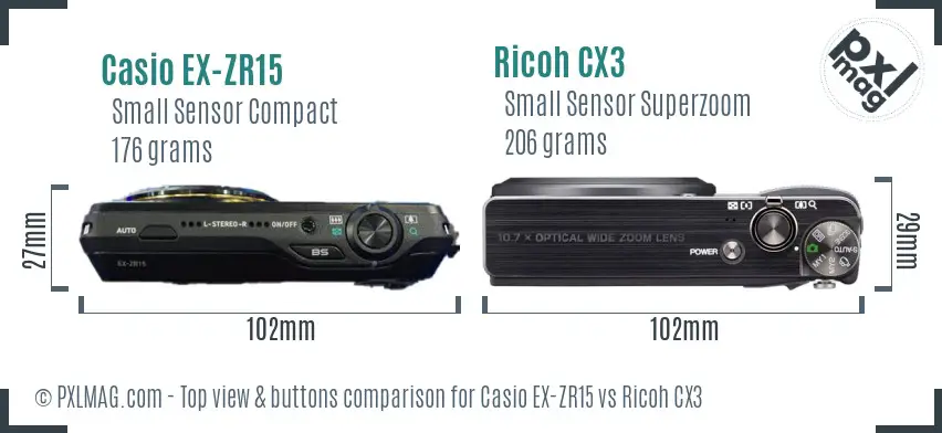 Casio EX-ZR15 vs Ricoh CX3 top view buttons comparison