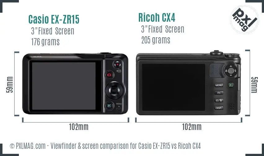 Casio EX-ZR15 vs Ricoh CX4 Screen and Viewfinder comparison