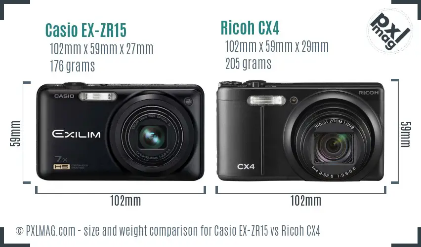 Casio EX-ZR15 vs Ricoh CX4 size comparison