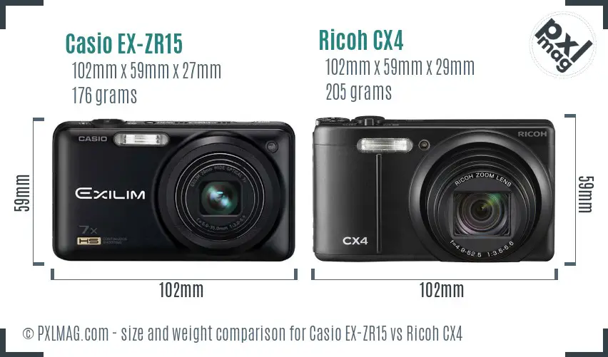Casio EX-ZR15 vs Ricoh CX4 size comparison Casio EX-ZR15 vs Ricoh CX4 size comparison
