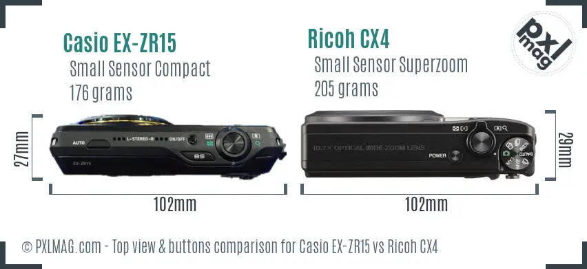 Casio EX-ZR15 vs Ricoh CX4 top view buttons comparison