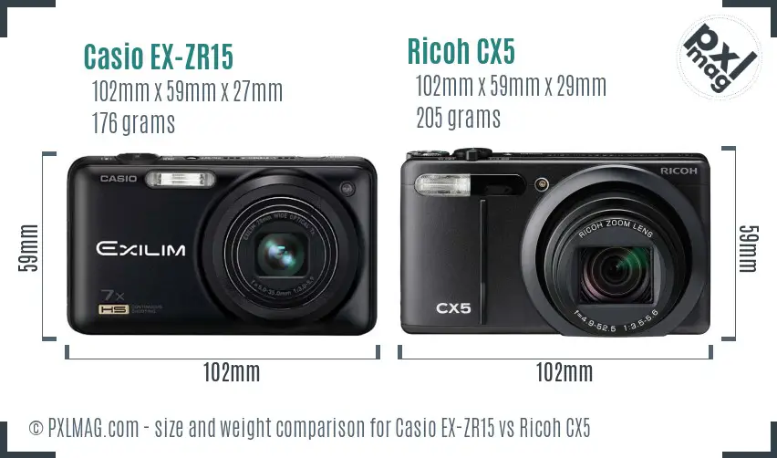 Casio EX-ZR15 vs Ricoh CX5 size comparison Casio EX-ZR15 vs Ricoh CX5 size comparison