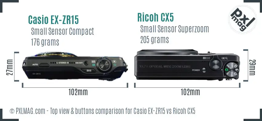 Casio EX-ZR15 vs Ricoh CX5 top view buttons comparison Casio EX-ZR15 vs Ricoh CX5 top view buttons comparison