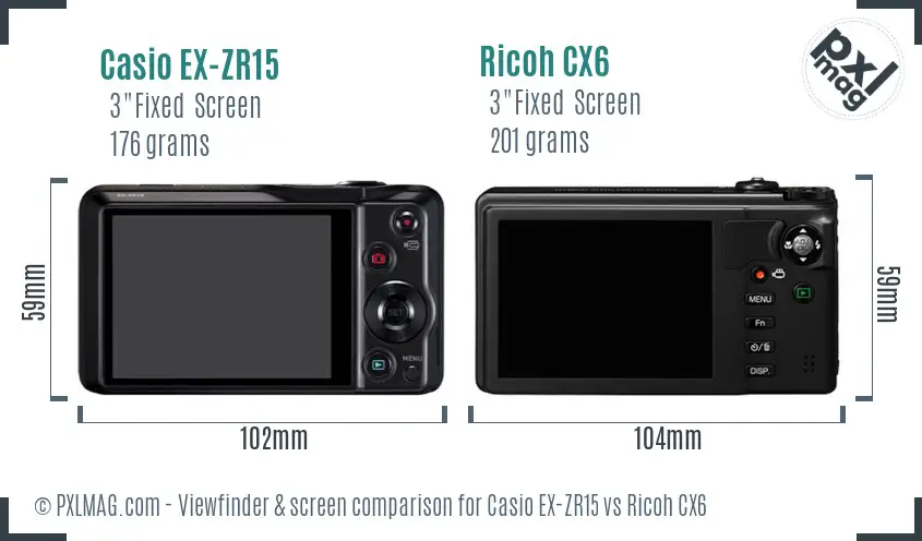 Casio EX-ZR15 vs Ricoh CX6 Screen and Viewfinder comparison