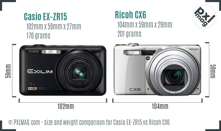 Casio EX-ZR15 vs Ricoh CX6 size comparison