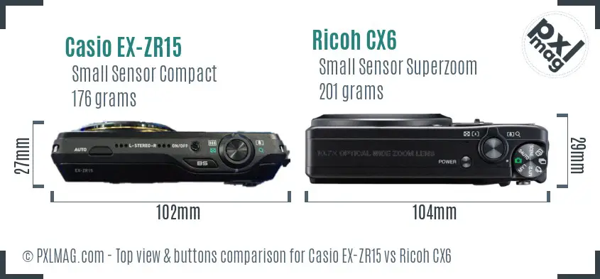 Casio EX-ZR15 vs Ricoh CX6 top view buttons comparison