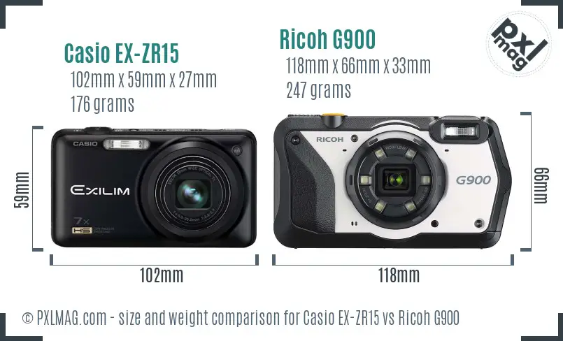 Casio EX-ZR15 vs Ricoh G900 size comparison