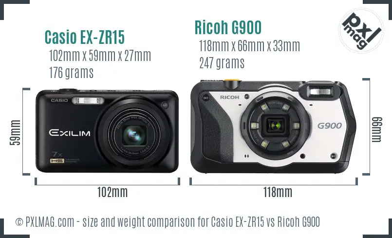 Casio EX-ZR15 vs Ricoh G900 size comparison Casio EX-ZR15 vs Ricoh G900 size comparison