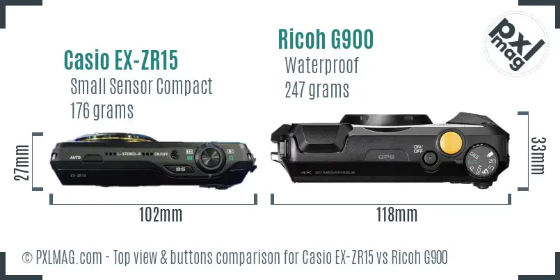 Casio EX-ZR15 vs Ricoh G900 top view buttons comparison Casio EX-ZR15 vs Ricoh G900 top view buttons comparison