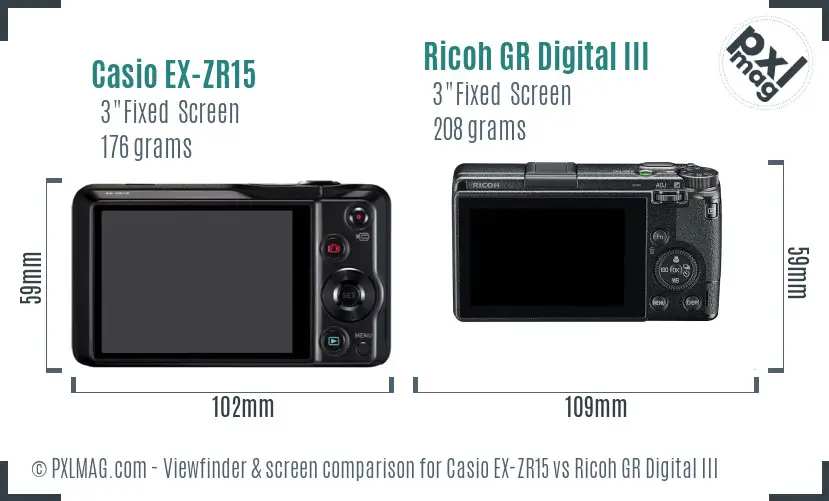Casio EX-ZR15 vs Ricoh GR Digital III Screen and Viewfinder comparison