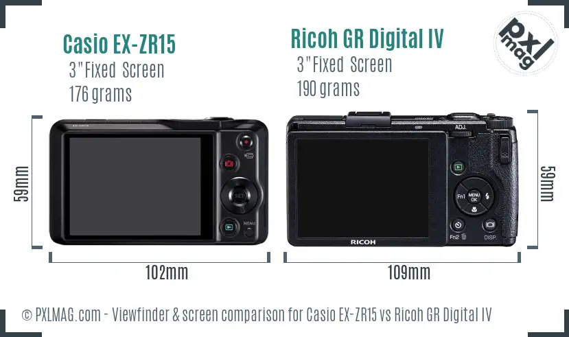 Casio EX-ZR15 vs Ricoh GR Digital IV Screen and Viewfinder comparison