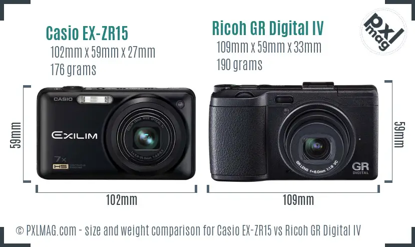Casio EX-ZR15 vs Ricoh GR Digital IV size comparison