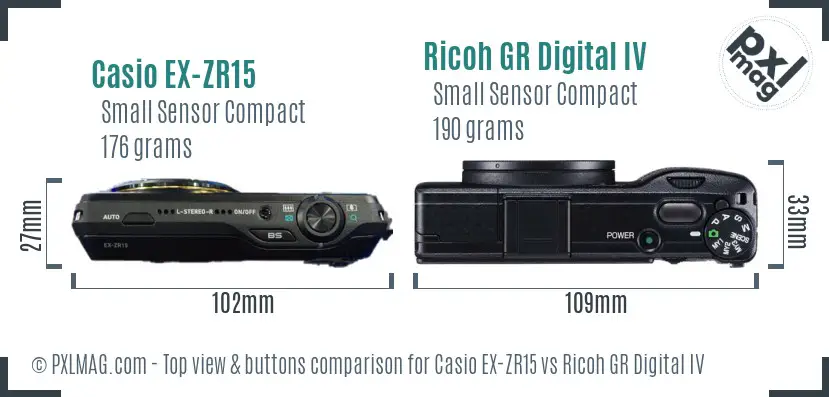 Casio EX-ZR15 vs Ricoh GR Digital IV top view buttons comparison
