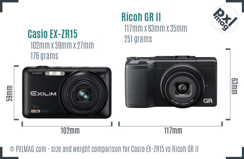 Casio EX-ZR15 vs Ricoh GR II size comparison