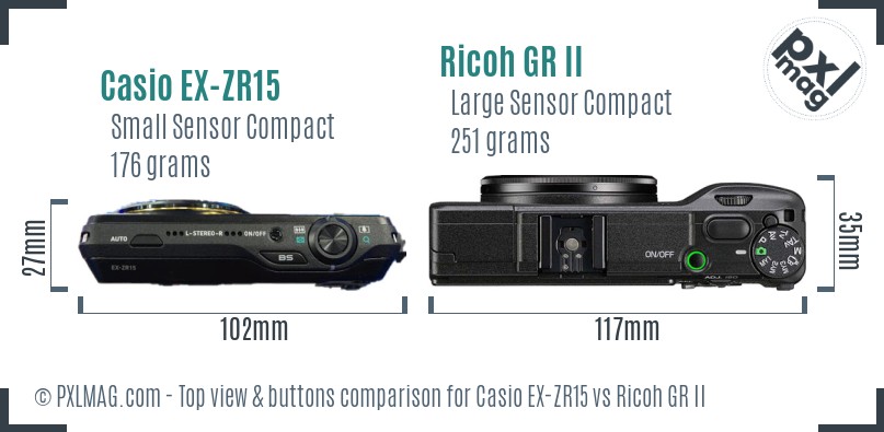 Casio EX-ZR15 vs Ricoh GR II top view buttons comparison