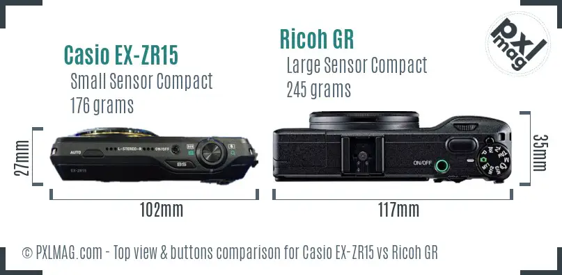 Casio EX-ZR15 vs Ricoh GR top view buttons comparison Casio EX-ZR15 vs Ricoh GR top view buttons comparison