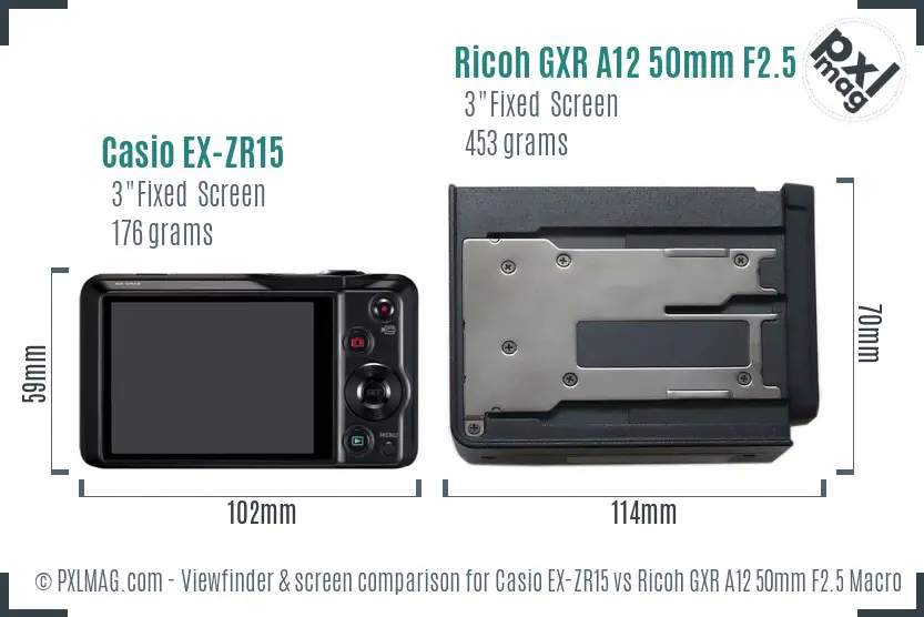 Casio EX-ZR15 vs Ricoh GXR A12 50mm F2.5 Macro Screen and Viewfinder comparison