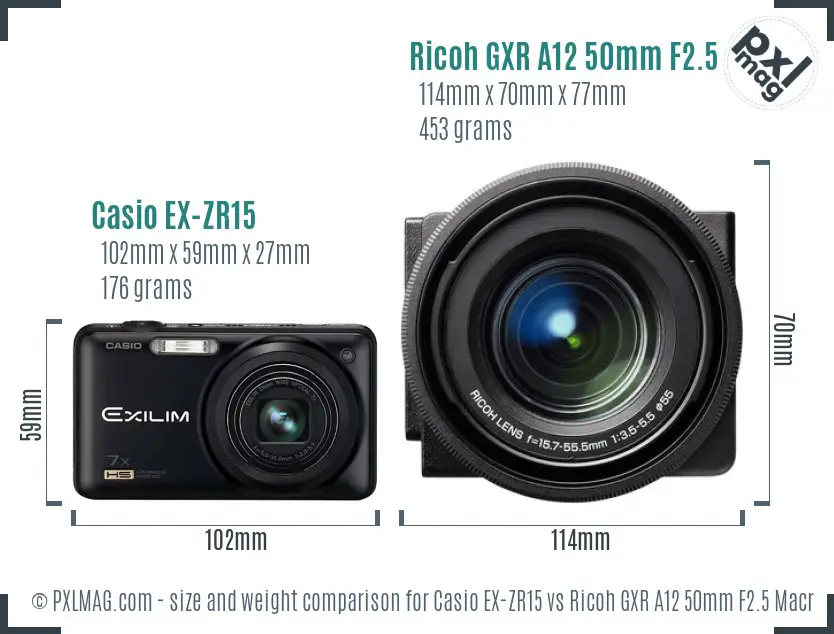 Casio EX-ZR15 vs Ricoh GXR A12 50mm F2.5 Macro size comparison