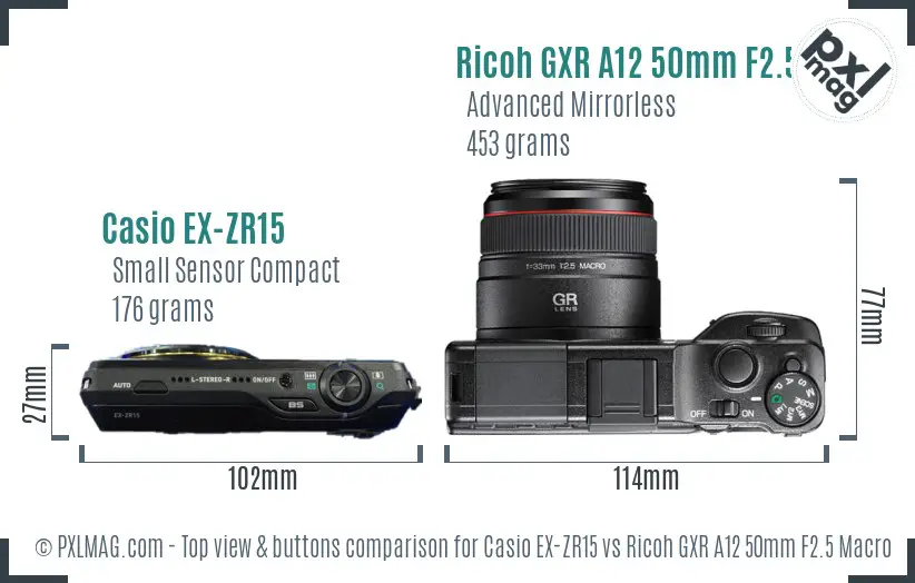 Casio EX-ZR15 vs Ricoh GXR A12 50mm F2.5 Macro top view buttons comparison