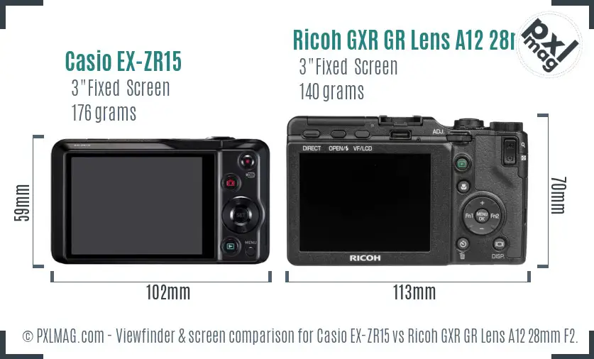 Casio EX-ZR15 vs Ricoh GXR GR Lens A12 28mm F2.5 Screen and Viewfinder comparison