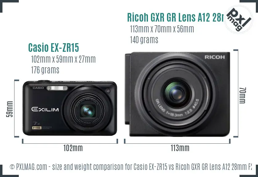 Casio EX-ZR15 vs Ricoh GXR GR Lens A12 28mm F2.5 size comparison