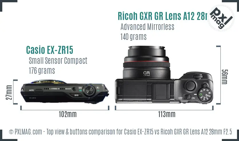 Casio EX-ZR15 vs Ricoh GXR GR Lens A12 28mm F2.5 top view buttons comparison