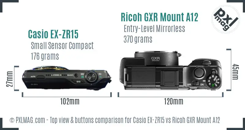 Casio EX-ZR15 vs Ricoh GXR Mount A12 top view buttons comparison