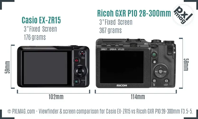 Casio EX-ZR15 vs Ricoh GXR P10 28-300mm F3.5-5.6 VC Screen and Viewfinder comparison