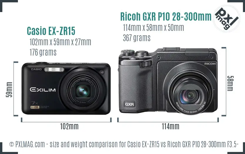 Casio EX-ZR15 vs Ricoh GXR P10 28-300mm F3.5-5.6 VC size comparison