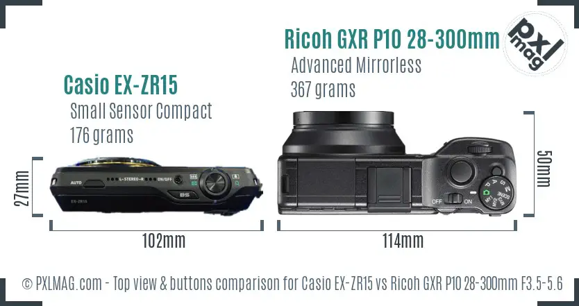 Casio EX-ZR15 vs Ricoh GXR P10 28-300mm F3.5-5.6 VC top view buttons comparison