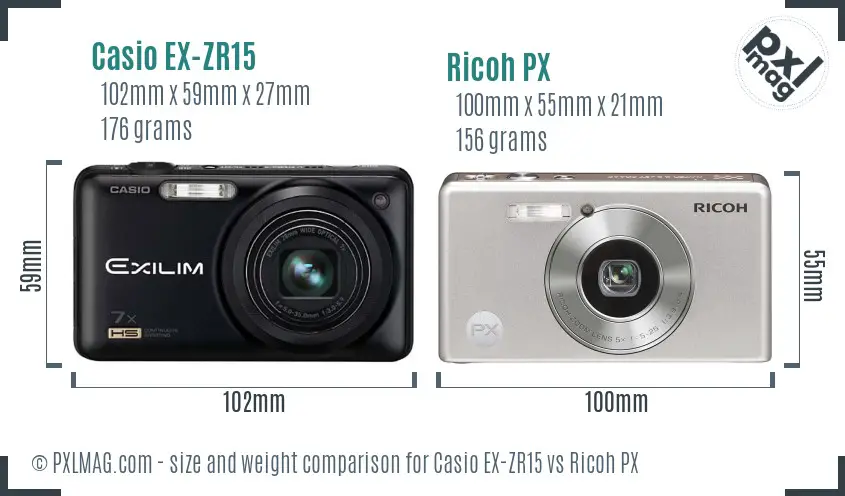 Casio EX-ZR15 vs Ricoh PX size comparison