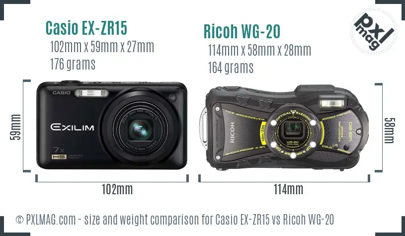 Casio EX-ZR15 vs Ricoh WG-20 size comparison