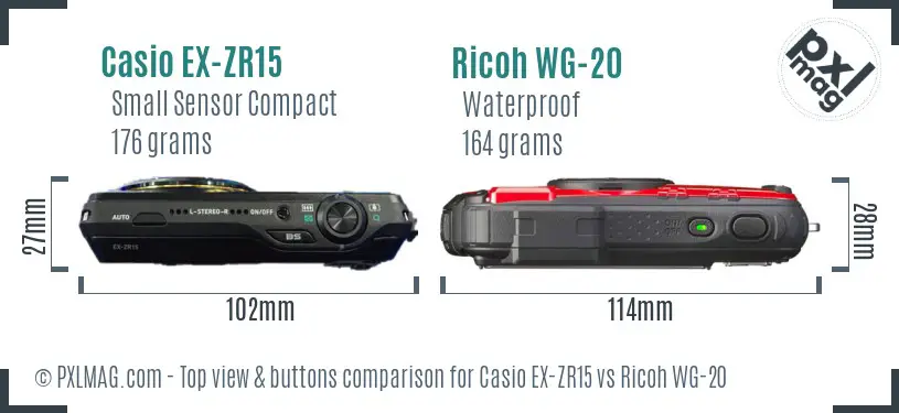 Casio EX-ZR15 vs Ricoh WG-20 top view buttons comparison