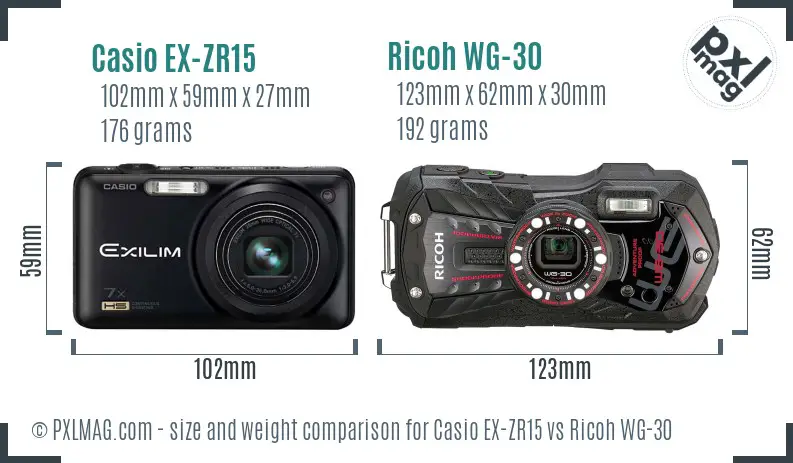 Casio EX-ZR15 vs Ricoh WG-30 size comparison