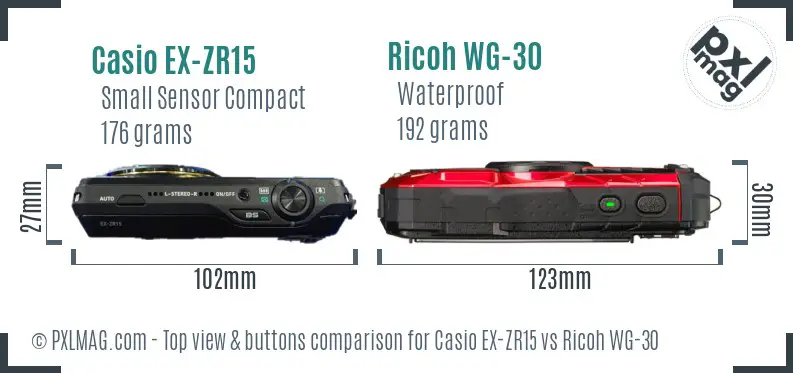 Casio EX-ZR15 vs Ricoh WG-30 top view buttons comparison