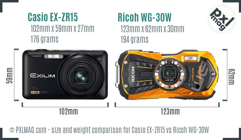 Casio EX-ZR15 vs Ricoh WG-30W size comparison