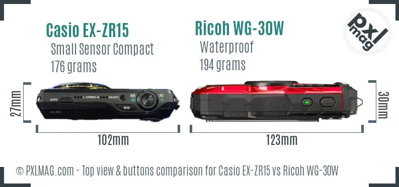 Casio EX-ZR15 vs Ricoh WG-30W top view buttons comparison
