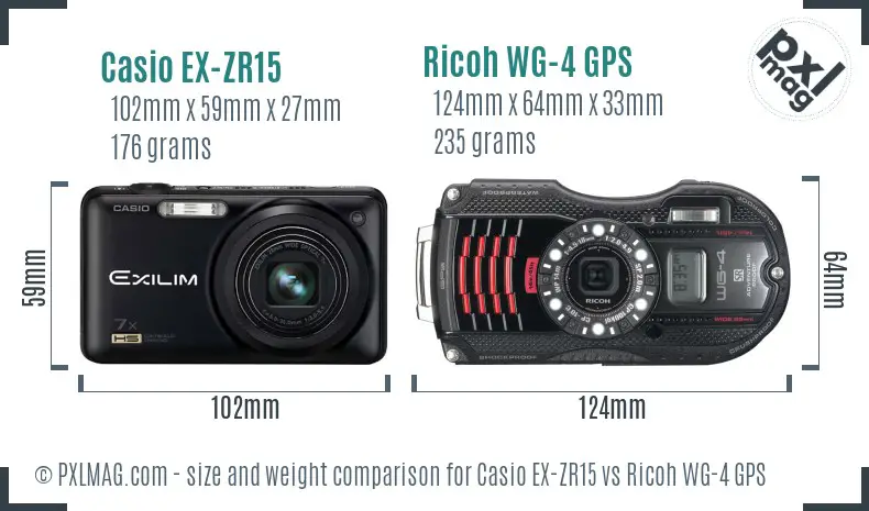 Casio EX-ZR15 vs Ricoh WG-4 GPS size comparison