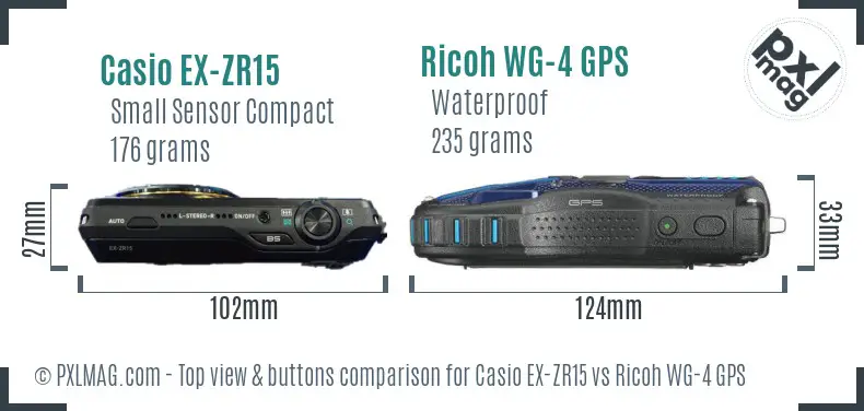 Casio EX-ZR15 vs Ricoh WG-4 GPS top view buttons comparison