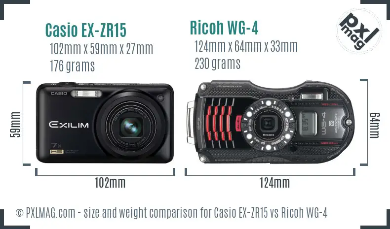 Casio EX-ZR15 vs Ricoh WG-4 size comparison